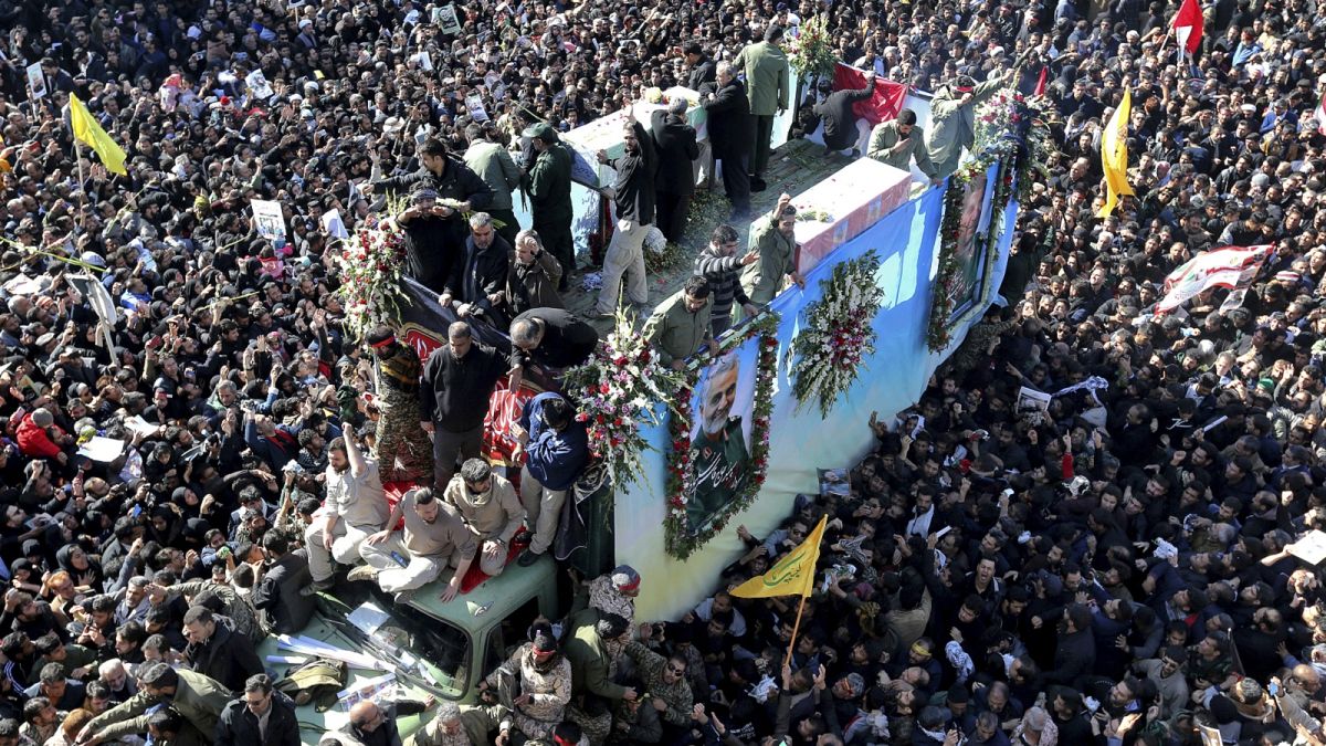 Coffins of Gen. Qassem Soleimani and others who were killed in Iraq by a U.S. drone strike, are carried on a truck during a funeral procession, in the city of Kerman, Iran