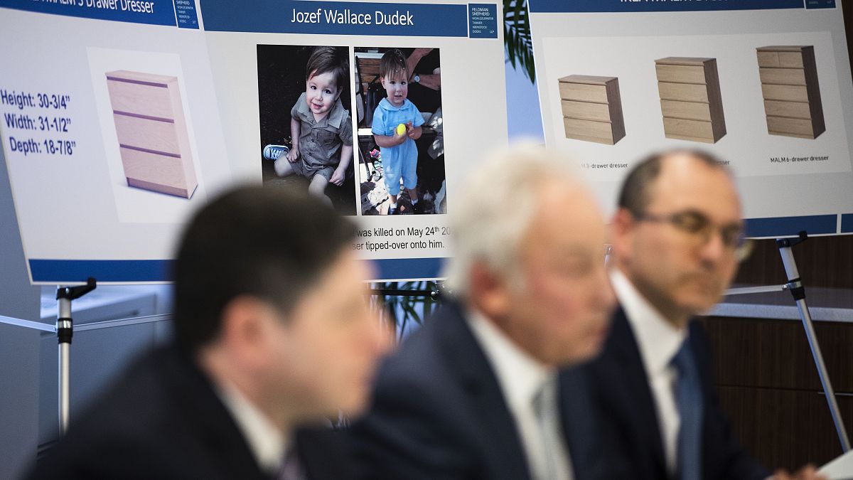 Placards showing images of Jozef Dudek and IKEA's Malm dressers are displayed during a news conference in Philadelphia, Monday, Jan. 6, 2020. 
