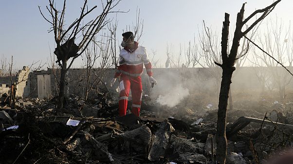 Elementos das equipas de resgate verifica destroços do acidente no Irão Elementos das equipas de resgate verifica destroços do acidente no Irão