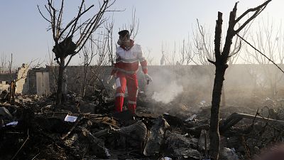 A rescue worker searches the scene where an Ukrainian plane crashed in Shahedshahr, southwest of the capital Tehran, Iran, Wednesday, Jan. 8, 2020. 