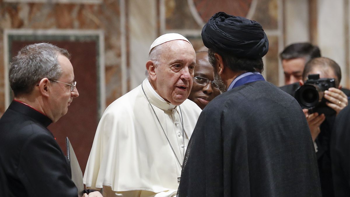 Pope Francis greets Iran's ambassador to the Holy See, Seyed Taha Hashemi Thursday, Jan. 9, 2020
