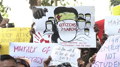 Students protest JNU campus attack in New Delhi, India