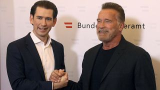 Austrian Chancellor Sebastian Kurz and former California Gov. Arnold Schwarzenegger in Vienna, Austria, Tuesday, Jan. 29, 2019.