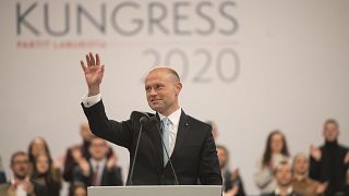 Joseph Muscat, Premier ministre maltais démissionnaire lors d'un rassemblement organisé par le parti travailliste, le 10 janvier 2020 Kordin, Malte