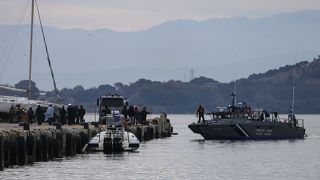 A Greek coastguard vessel approaches the port of Preveza, northwestern Greece, after an operation to rescue migrants, Saturday, January 11, 2020.