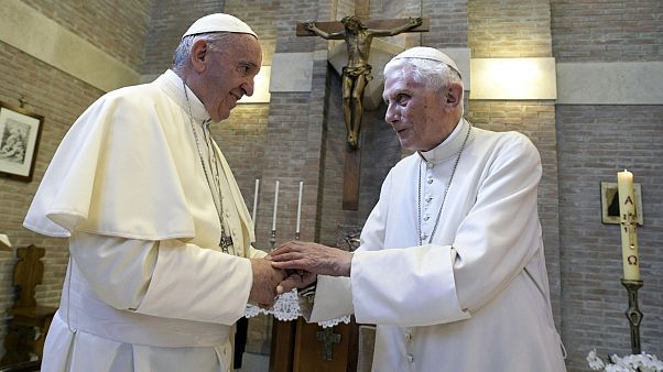 Pope Francis, left, and Pope Emeritus Benedict XVI, meet each other on the occasion of the elevation of five new cardinals Pope Francis, left, and Pope Emeritus Benedict XVI, meet each other on the occasion of the elevation of five new cardinals