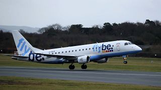 A Flybe flight departs from Manchester Airport, England, Monday Jan. 13, 2020.