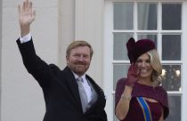 Dutch King Willem-Alexander and Queen Maxima wave from the balcony of royal palace Noordeinde in The Hague, Netherlands, Tuesday, Sept. 17, 2019