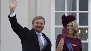 Dutch King Willem-Alexander and Queen Maxima wave from the balcony of royal palace Noordeinde in The Hague, Netherlands, Tuesday, Sept. 17, 2019       