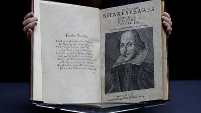 William Shakespeare's First Folio is displayed at Christie's auction rooms in London, Monday, Jan. 13, 2020. 