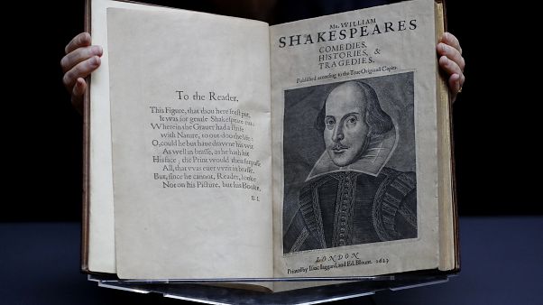William Shakespeare's First Folio is displayed at Christie's auction rooms in London, Monday, Jan. 13, 2020. William Shakespeare's First Folio is displayed at Christie's auction rooms in London, Monday, Jan. 13, 2020.