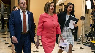 House Speaker Nancy Pelosi of Calif., centre, walks towards the House Chamber on Capitol Hill, Wednesday, Jan. 15, 2020, in Washington.