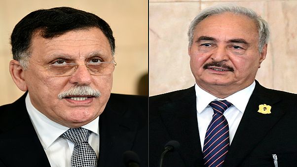 المشير خليفة حفتر ورئيس حكومة الوفاق الليبية فايز السراج المشير خليفة حفتر ورئيس حكومة الوفاق الليبية فايز السراج