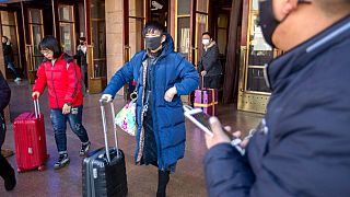Des voyageurs portant des masques arrivant en gare de Pékin, le 20 janvier 2020.