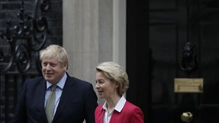 Britain's Prime Minister Boris Johnson greets European Commission President Ursula von der Leyen outside 10 Downing Street in London, Wednesday, Jan. 8, 2020.