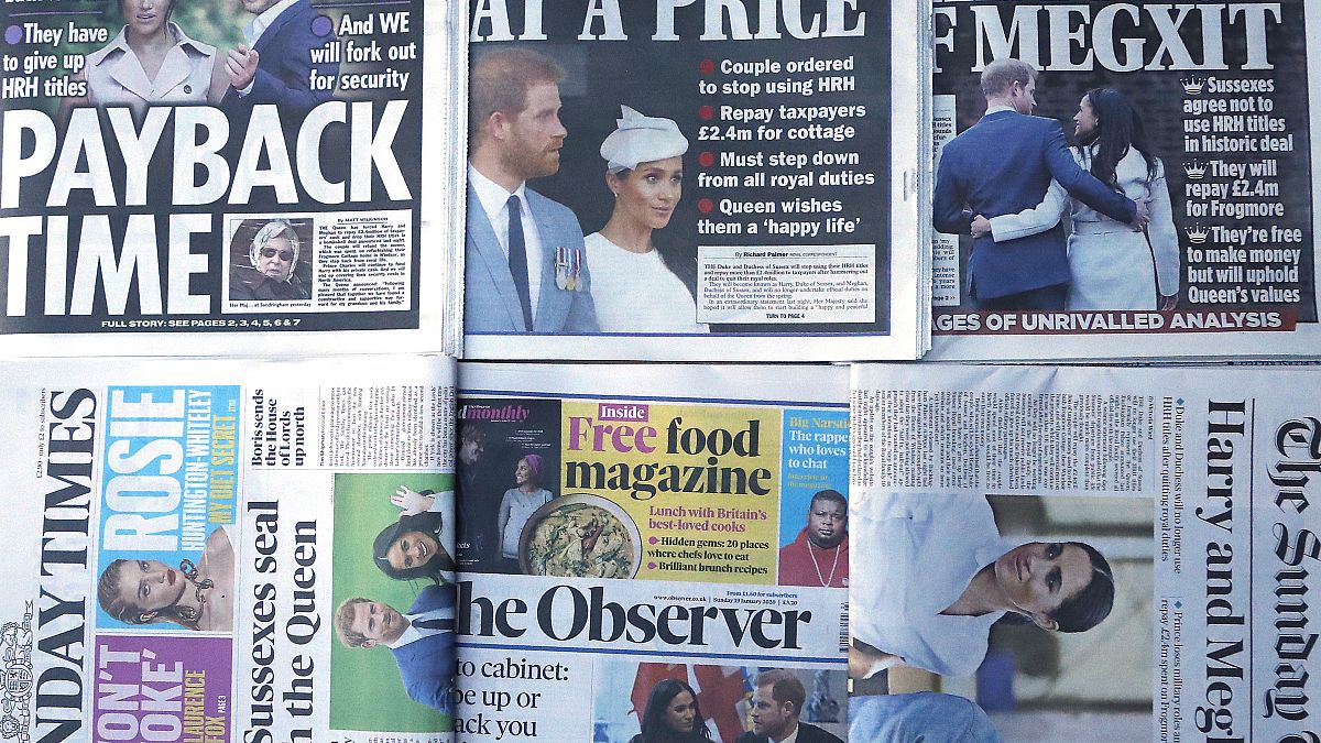 The front pages of London’s Sunday newspapers are displayed in London, Sunday, Jan. 19, 2020.(AP Photo/Frank Augstein)