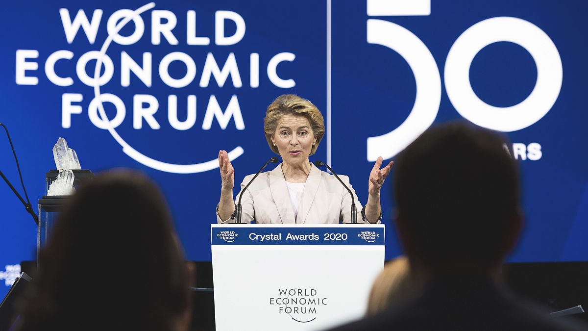 President of the European Commission Ursula von der Leyen, delivers a welcoming address, prior to the start of the World Economic Forum, in Davos, Switzerland