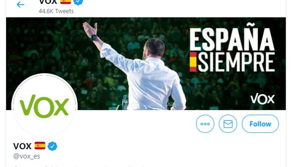 Portada de la cuenta del partido de la ultraderecha de España Vox Portada de la cuenta del partido de la ultraderecha de España Vox
