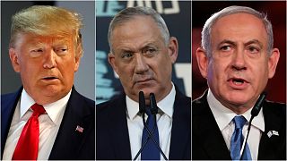 ABD Başkanı Trump (sol), İsrail Başbakanı Netanyahu (sağ) ve Mavi-Beyaz İttifakı lideri Gantz (orta)