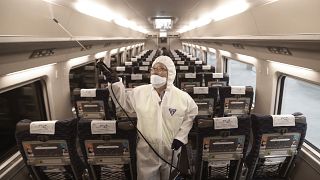 عضو من جهاز طبي يقوم بتطهير أحد القطارات في كوريا الجنوبية وقاية من فيروس كورونا الجديد