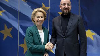 European Commission President Ursula von der Leyen and European Council President Charles Michel in Brussels, Jan. 17, 2020. (AP Photo/Virginia Mayo)