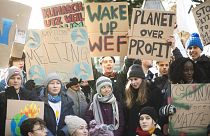 Youth climate strikers at Davos with Greta Thunberg (centre).