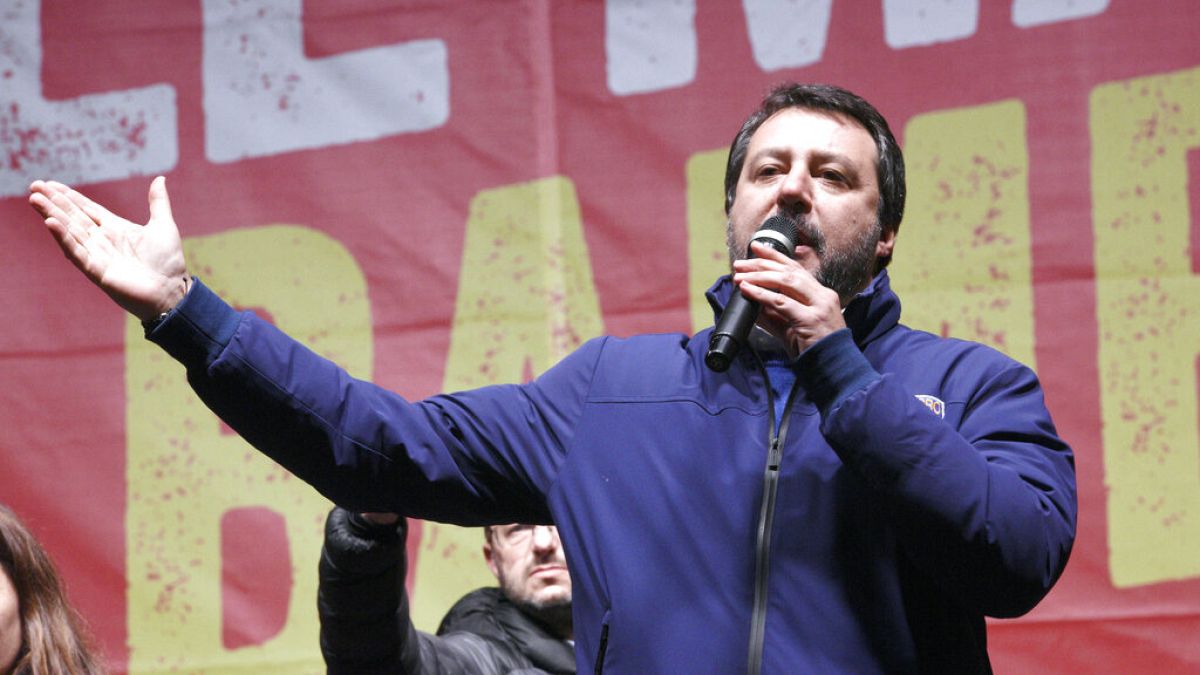 Matteo Salvini of the League speaks to supporters during a campaign event in Bibbiano, Emilia-Romagna, Italy, on Thursday, 23 January