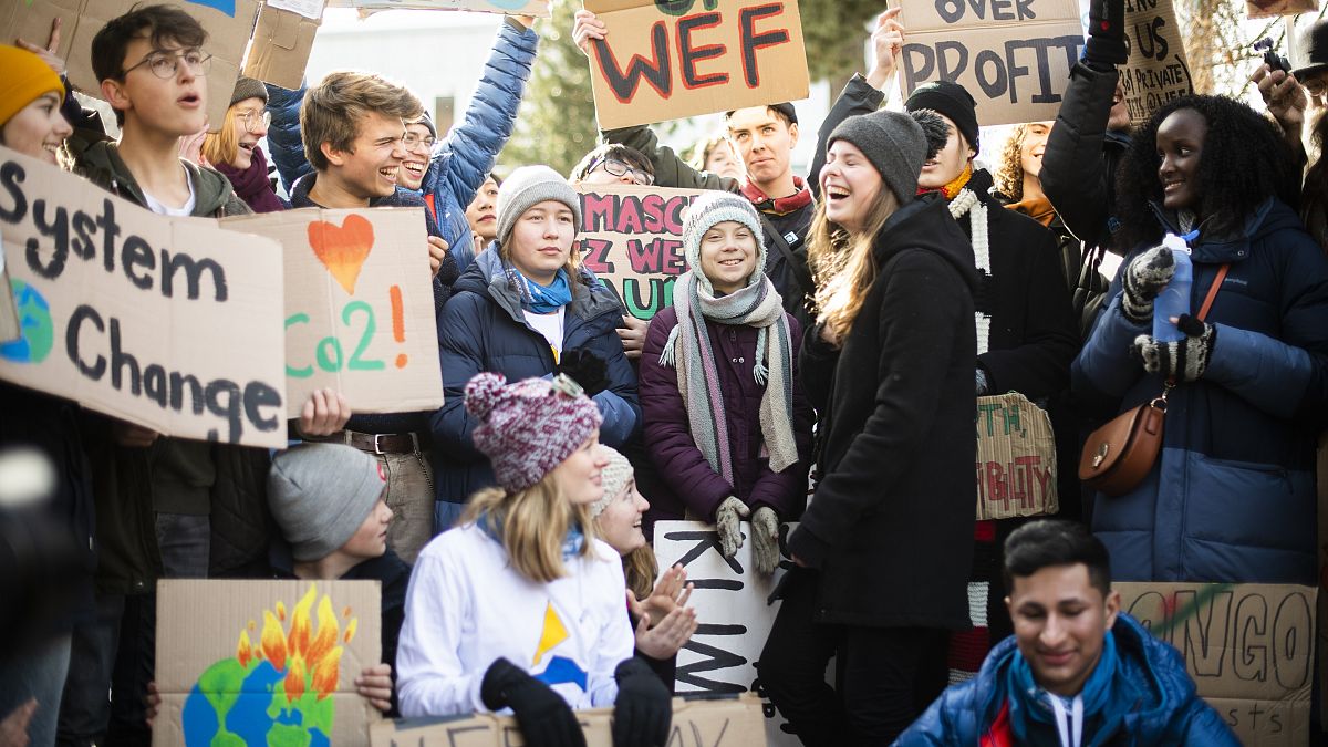 Swedish climate activist Greta Thunberg participates in "Fridays for Future" demo during the 50th annual meeting of the World Economic Forum. Davos, Switzerland. 24 January.