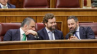 از راست: سانتیاگو آباسکال، رهبر وُکس، ایوان اسپینوزا دلوس‌مونتروس، عضو وکس و سخنگوی پارلمان اسپانیا، خاویر اورتگا اسمیت، عضو وکس و نماینده پارلمان اسپانیا
