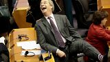 Brexit Party leader Nigel Farage, shows off his Union flag socks ahead of a vote on the UK’s withdrawal from the EU at the European Parliament in Brussels.
