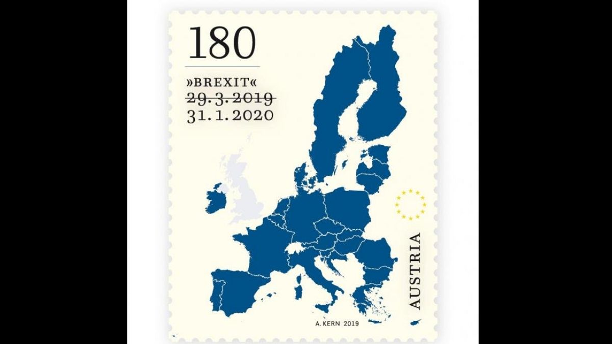 Kuriose Brexit-Sonderbriefmarke in Österreich mit durchgestrichenem Datum