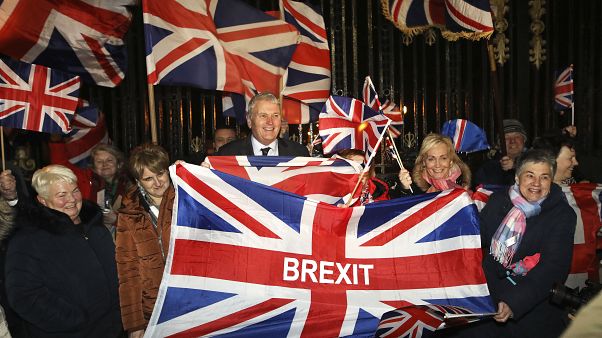 Brexit supporters celebrate during a rally outside Stormont in Belfast, Northern Ireland as Britain left the European Union on Friday, Jan. 31, 2020. Brexit supporters celebrate during a rally outside Stormont in Belfast, Northern Ireland as Britain left the European Union on Friday, Jan. 31, 2020.