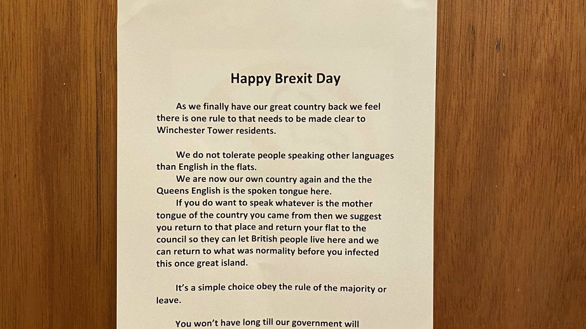 A "Happy Brexit Day" notice posted in a block of flats in Norwich, UK, has been reported to police.