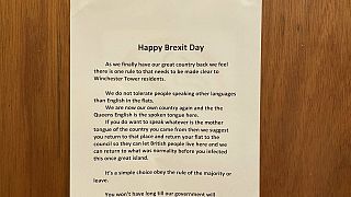 A "Happy Brexit Day" notice posted in a block of flats in Norwich, UK, has been reported to police.