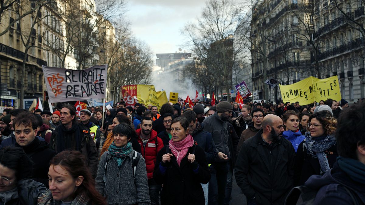 File pic: Protestors march during a demonstration to denounce French President Emmanuel Macron's plans to overhaul the pension system, in Paris, Wednesday, Jan. 29, 2020. 