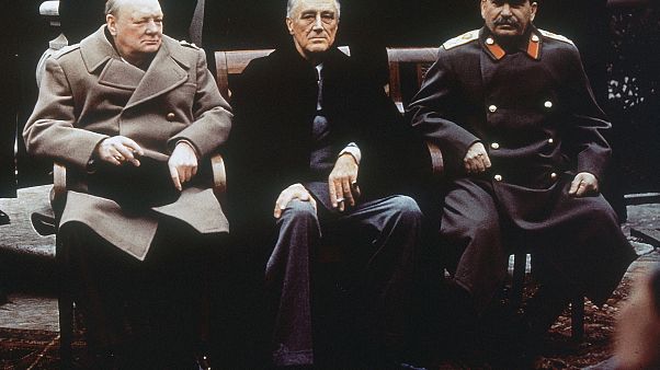Britain's Winston Churchill (L), the US' Franklin Roosevelt (C) and Soviet leader Joseph Stalin (R) on the patio of Livadia Palace, Yalta, Crimea in February 1945. Britain's Winston Churchill (L), the US' Franklin Roosevelt (C) and Soviet leader Joseph Stalin (R) on the patio of Livadia Palace, Yalta, Crimea in February 1945.