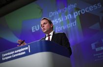European Commissioner for Neighbourhood and Enlargement Oliver Varhelyi talks to journalists during a news conference at the European Commission headquarters in Brussels