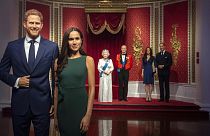 The figures of Prince Harry and Meghan are moved from their original positions next to Queen Elizabeth II, Prince Philip, Prince William and Kate, at Madame Tussauds in London