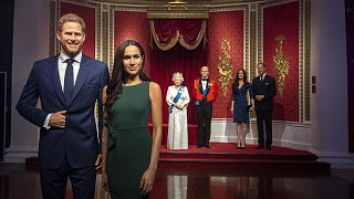 The figures of Prince Harry and Meghan are moved from their original positions next to Queen Elizabeth II, Prince Philip, Prince William and Kate, at Madame Tussauds in London