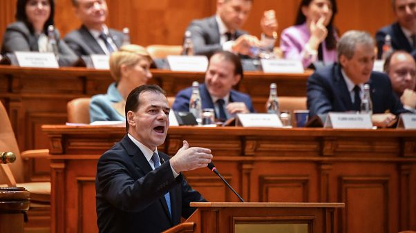 Romanian Prime Minister Ludovic Orban delivers his speech during a no-confidence vote at the Romanian Parliament in Bucharest on February 5, 2020. Romanian Prime Minister Ludovic Orban delivers his speech during a no-confidence vote at the Romanian Parliament in Bucharest on February 5, 2020.