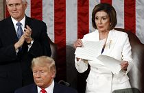 Nancy Pelosi tears her copy of President Donald Trump's s State of the Union address after he delivered it to a joint session of Congress on Capitol Hill in Washington