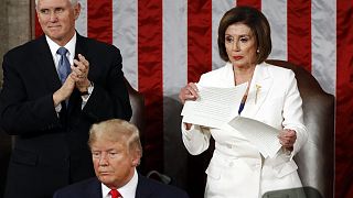 Nancy Pelosi tears her copy of President Donald Trump's s State of the Union address after he delivered it to a joint session of Congress on Capitol Hill in Washington