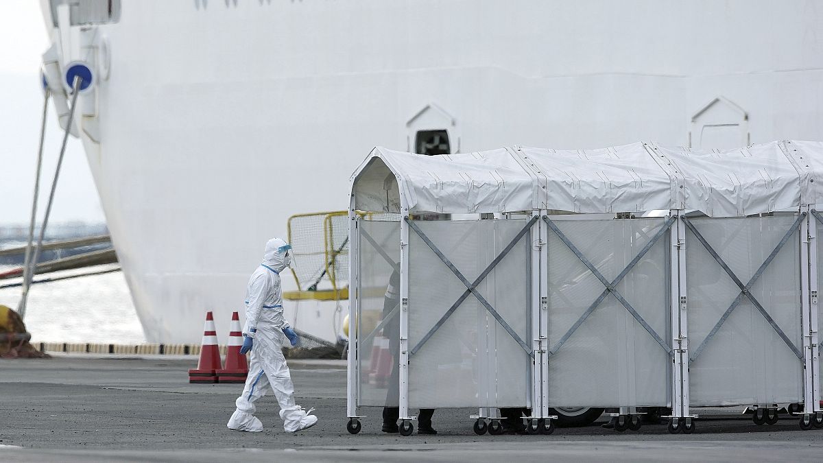 Bir yetkili korunma kıyafeti ile Japonya'nın Yokohama Limanı'nda karantinaya alınan  Diamond Princess gemisine giriyor