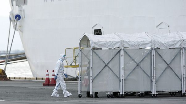 Bir yetkili korunma kıyafeti ile Japonya'nın Yokohama Limanı'nda karantinaya alınan Diamond Princess gemisine giriyor Bir yetkili korunma kıyafeti ile Japonya'nın Yokohama Limanı'nda karantinaya alınan Diamond Princess gemisine giriyor