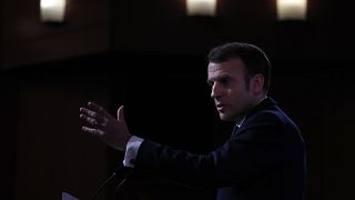 French President Emmanuel Macron delivers a speech at the Ecole Militaire Friday, Feb. 7, 2020 in Paris.