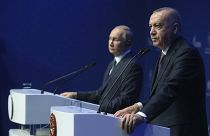 Rusya Devlet Başkanı Vladimir Putin ve Cumhurbaşkanı Recep Tayyip Erdoğan, TürkAkım açılışı töreninde. 8 Ocak 2020