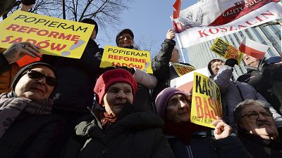 Supporters of Poland's right-wing government rally to show their support for legislation which gives the government greater control of judges, in Warsaw, Poland, Feb 8, 2020