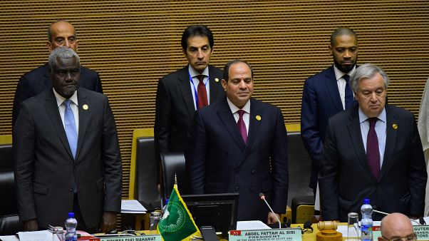 الرئيس المصري عبد الفتاح السيسي والأمين العام للأمم المتحدة انطونيو غوتيريش ورئيس مفوضية الاتحاد الإفريقي موسى فكي محمد في افتتاح القمة الإفريقية الرئيس المصري عبد الفتاح السيسي والأمين العام للأمم المتحدة انطونيو غوتيريش ورئيس مفوضية الاتحاد الإفريقي موسى فكي محمد في افتتاح القمة الإفريقية