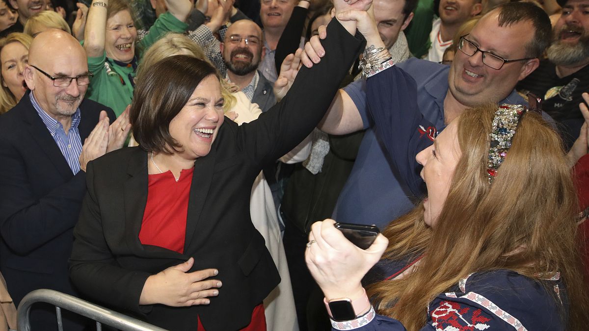 Sinn Fein leader Mary Lou McDonald celebrates with supporters in central Dublin