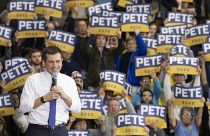 Democratic presidential candidate Pete Buttigieg smiles as his supporters cheer during a campaign rally, Sunday, Feb. 9, 2020, in Nashua, N.H. 